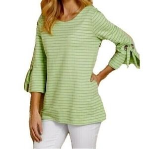 Soft Surroundings Womens XL Go Anywhere Green Striped Tie Sleeve Tunic Blouse